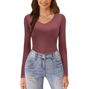 imageAvidlove Womens Long Sleeve Tops Sweetheart Neck Y2k Double Lined Bodysuit Top Fitted Basic Tee Going Out ShirtsDark Purple