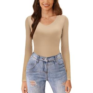 imageAvidlove Womens Long Sleeve Tops Sweetheart Neck Y2k Double Lined Bodysuit Top Fitted Basic Tee Going Out ShirtsKhaki