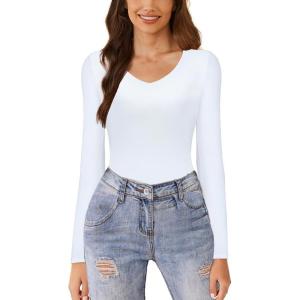imageAvidlove Womens Long Sleeve Tops Sweetheart Neck Y2k Double Lined Bodysuit Top Fitted Basic Tee Going Out ShirtsWhite