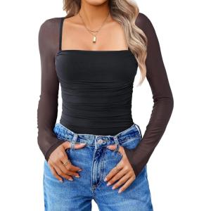 imageAvidlove Womens Square Neck Mesh Long Sleeve Bodysuit Shirts Ruched Body Suit Sexy Sheer Tops Date Night OutfitBlack