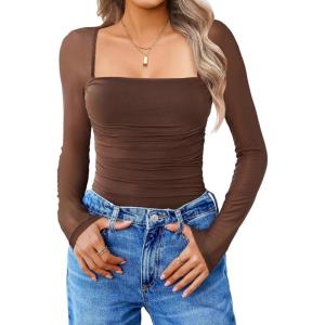 imageAvidlove Womens Square Neck Mesh Long Sleeve Bodysuit Shirts Ruched Body Suit Sexy Sheer Tops Date Night OutfitBrown