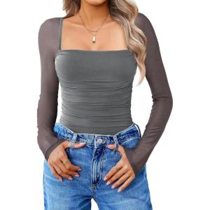 imageAvidlove Womens Square Neck Mesh Long Sleeve Bodysuit Shirts Ruched Body Suit Sexy Sheer Tops Date Night OutfitDark Grey