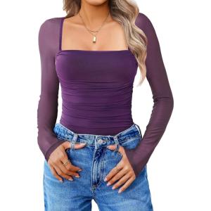 imageAvidlove Womens Square Neck Mesh Long Sleeve Bodysuit Shirts Ruched Body Suit Sexy Sheer Tops Date Night OutfitDark Purple