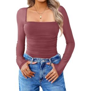 imageAvidlove Womens Square Neck Mesh Long Sleeve Bodysuit Shirts Ruched Body Suit Sexy Sheer Tops Date Night OutfitDark Purple Red