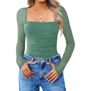 imageAvidlove Womens Square Neck Mesh Long Sleeve Bodysuit Shirts Ruched Body Suit Sexy Sheer Tops Date Night OutfitGrey Green