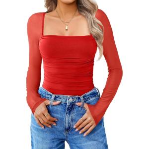 imageAvidlove Womens Square Neck Mesh Long Sleeve Bodysuit Shirts Ruched Body Suit Sexy Sheer Tops Date Night OutfitRed
