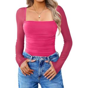 imageAvidlove Womens Square Neck Mesh Long Sleeve Bodysuit Shirts Ruched Body Suit Sexy Sheer Tops Date Night OutfitRose Red