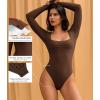 imageAvidlove Bodysuits for Women Sexy Long Sleeve Bodysuit Square Neck Double Lined Ruched Snap Closure Bodysuit TopsBrown