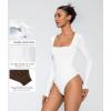 imageAvidlove Bodysuits for Women Sexy Long Sleeve Bodysuit Square Neck Double Lined Ruched Snap Closure Bodysuit TopsWhite