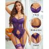 imageAvidlove Garter Lingerie for Women Floral Lace Babydoll Bodysuit Bra and Panty SetDark Purple