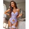 imageAvidlove Garter Lingerie for Women Floral Lace Babydoll Bodysuit Bra and Panty SetLilac