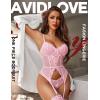 imageAvidlove Garter Lingerie for Women Floral Lace Babydoll Bodysuit Bra and Panty SetPink