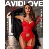 imageAvidlove Garter Lingerie for Women Floral Lace Babydoll Bodysuit Bra and Panty SetRed