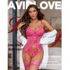 imageAvidlove Garter Lingerie for Women Floral Lace Babydoll Bodysuit Bra and Panty SetRose Red