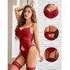 imageAvidlove Garter Lingerie for Women Floral Lace Babydoll Bodysuit Bra and Panty SetWine Red