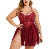 imageAvidlove Plus Size Lingerie Lace Babydoll Womens Strap Chemise Nightgown V Neck Nighty Mesh Sleepwear Side Slit NightdressAdark Red