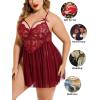imageAvidlove Plus Size Lingerie Lace Babydoll Womens Strap Chemise Nightgown V Neck Nighty Mesh Sleepwear Side Slit NightdressAdark Red