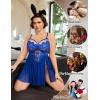 imageAvidlove Plus Size Lingerie Lace Babydoll Womens Strap Chemise Nightgown V Neck Nighty Mesh Sleepwear Side Slit NightdressBlue