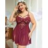 imageAvidlove Plus Size Lingerie Lace Babydoll Womens Strap Chemise Nightgown V Neck Nighty Mesh Sleepwear Side Slit NightdressBurgundy
