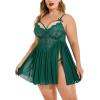 imageAvidlove Plus Size Lingerie Lace Babydoll Womens Strap Chemise Nightgown V Neck Nighty Mesh Sleepwear Side Slit NightdressDark Green