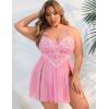 imageAvidlove Plus Size Lingerie Lace Babydoll Womens Strap Chemise Nightgown V Neck Nighty Mesh Sleepwear Side Slit NightdressPink
