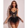 imageAvidlove Sexy Lingerie Set Lace Underwired Bodysuit with Detachable Mesh Mini Skirt Push Up Teddy LingerieBlack