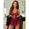 imageAvidlove Sexy Lingerie Set Lace Underwired Bodysuit with Detachable Mesh Mini Skirt Push Up Teddy LingerieWine Red