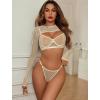 imageAvidlove Sexy Lingerie Set Rave Outfits For Women Fishnet Long Sleeve Crop Top Sheer Bra and Panty 3 PieceBeige