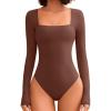 imageAvidlove Bodysuits for Women Sexy Long Sleeve Bodysuit Square Neck Double Lined Ruched Snap Closure Bodysuit TopsBrown