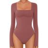 imageAvidlove Bodysuits for Women Sexy Long Sleeve Bodysuit Square Neck Double Lined Ruched Snap Closure Bodysuit TopsFuchsia