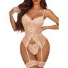 imageAvidlove Garter Lingerie for Women Floral Lace Babydoll Bodysuit Bra and Panty SetChampagne