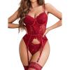 imageAvidlove Garter Lingerie for Women Floral Lace Babydoll Bodysuit Bra and Panty SetWine Red
