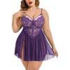 imageAvidlove Plus Size Lingerie Lace Babydoll Womens Strap Chemise Nightgown V Neck Nighty Mesh Sleepwear Side Slit NightdressPurple