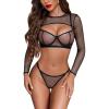 imageAvidlove Sexy Lingerie Set Rave Outfits For Women Fishnet Long Sleeve Crop Top Sheer Bra and Panty 3 PieceAblack