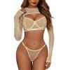 imageAvidlove Sexy Lingerie Set Rave Outfits For Women Fishnet Long Sleeve Crop Top Sheer Bra and Panty 3 PieceBeige