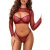 imageAvidlove Sexy Lingerie Set Rave Outfits For Women Fishnet Long Sleeve Crop Top Sheer Bra and Panty 3 PieceWine Red