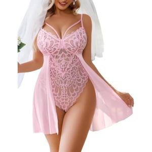 imageAvidlove Babydoll Lingerie for Women Floral Snap Crotch Teddy Chemise Nightie Lace NightgownPink