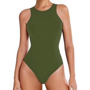 imageAvidlove Bodysuits for Women Crew Neck Sleeveless Body Suits Snap Closure Double Lined Tank Tops BodysuitArmy Green