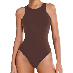 imageAvidlove Bodysuits for Women Crew Neck Sleeveless Body Suits Snap Closure Double Lined Tank Tops BodysuitBrown