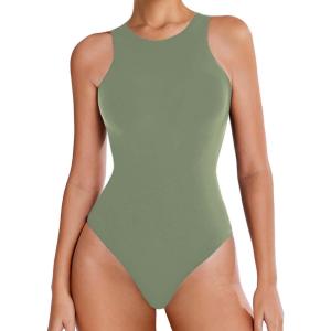 imageAvidlove Bodysuits for Women Crew Neck Sleeveless Body Suits Snap Closure Double Lined Tank Tops BodysuitGray Green