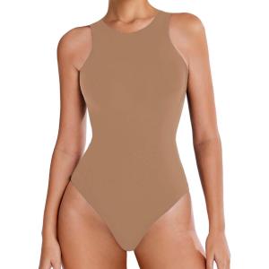 imageAvidlove Bodysuits for Women Crew Neck Sleeveless Body Suits Snap Closure Double Lined Tank Tops BodysuitKhaki