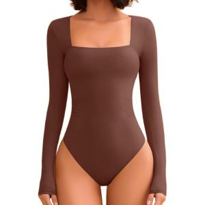 imageAvidlove Bodysuits for Women Sexy Long Sleeve Bodysuit Square Neck Double Lined Ruched Snap Closure Bodysuit TopsBrown