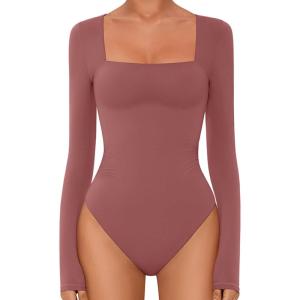 imageAvidlove Bodysuits for Women Sexy Long Sleeve Bodysuit Square Neck Double Lined Ruched Snap Closure Bodysuit TopsFuchsia