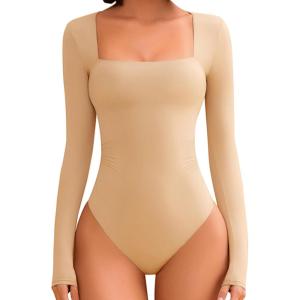 imageAvidlove Bodysuits for Women Sexy Long Sleeve Bodysuit Square Neck Double Lined Ruched Snap Closure Bodysuit TopsKhaki