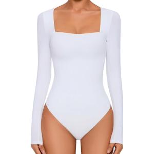 imageAvidlove Bodysuits for Women Sexy Long Sleeve Bodysuit Square Neck Double Lined Ruched Snap Closure Bodysuit TopsWhite