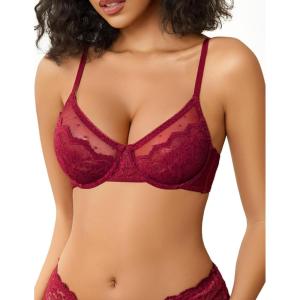 imageAvidlove Lace Bras for Women Sheer Balconette Underwire Unlined Everyday Bras Lingerie SXXLWine Red