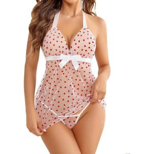 imageAvidlove Lingerie for Women Lace Babydoll Chemise Negligees Sexy Exotic Nightgowns Halter Nighties Sheer Mesh NightwearBwhite Heart