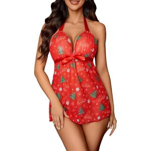 imageAvidlove Lingerie for Women Lace Babydoll Chemise Negligees Sexy Exotic Nightgowns Halter Nighties Sheer Mesh NightwearChristmas Red