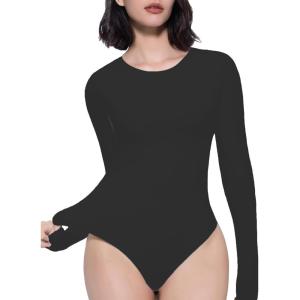 imageAvidlove Long Sleeve Bodysuits for Women Y2K Crew Neck Body Suit Double Lined Thong Bodysuit Slimming Basic TopsBlack
