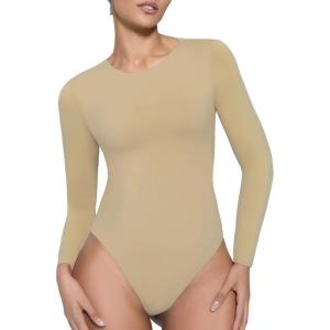 imageAvidlove Long Sleeve Bodysuits for Women Y2K Crew Neck Body Suit Double Lined Thong Bodysuit Slimming Basic TopsKhaki